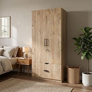 FFO Keris 2 Door Wardrobe with 2 Drawers, Hanging Rod & Storage Shelves | Modern Clothes Almirah Cabinet with Lock & Black Handles for Home DIY.