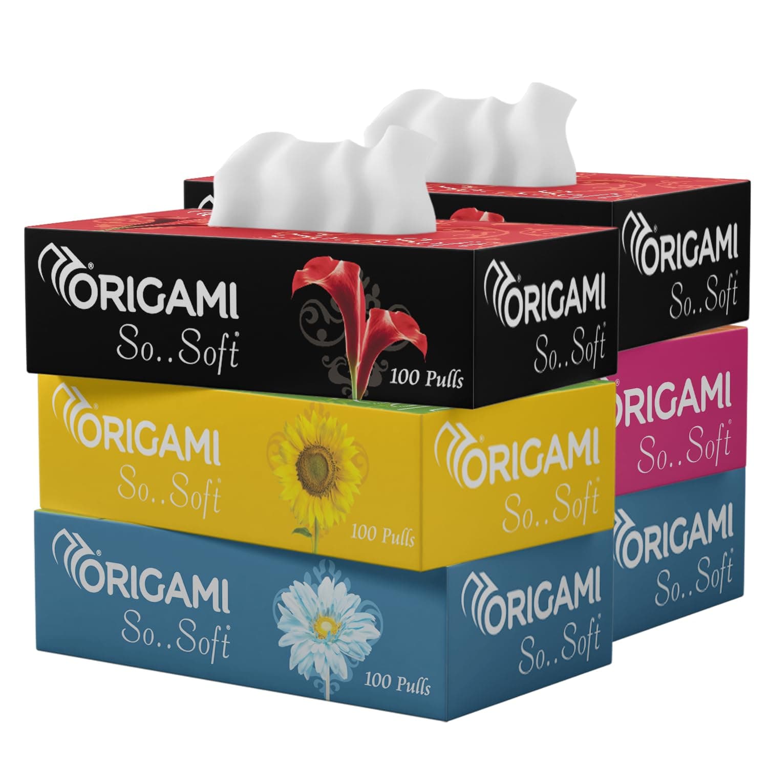 Origami So Soft 2 Ply Facial Tissue | Ultra Soft, Skin Friendly & Highly Absorbent Face Tissues | Multipurpose Car, Home & Office Use | Pack of 6 (100 Pulls, 600 Sheets)