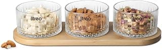 Treo By Milton Verti Glass Bowl with Wooden Tray I Premium Thick Glass I Stylish Design Pattern I for Serving Dry Fruit, Sweets, Snacks, Dessert I Perfect Gifting Set of 3, 230 ml Each