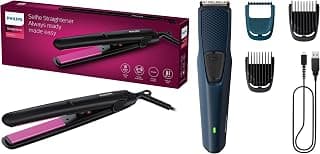 PHILIPS HP8302/06 Hair Straightener with SilkPro Care, Ceramic Plates + Philips BT1232/18 Beard Trimmer, USB Charging, 60 Min Runtime, Cordless, SkinProtect Tech