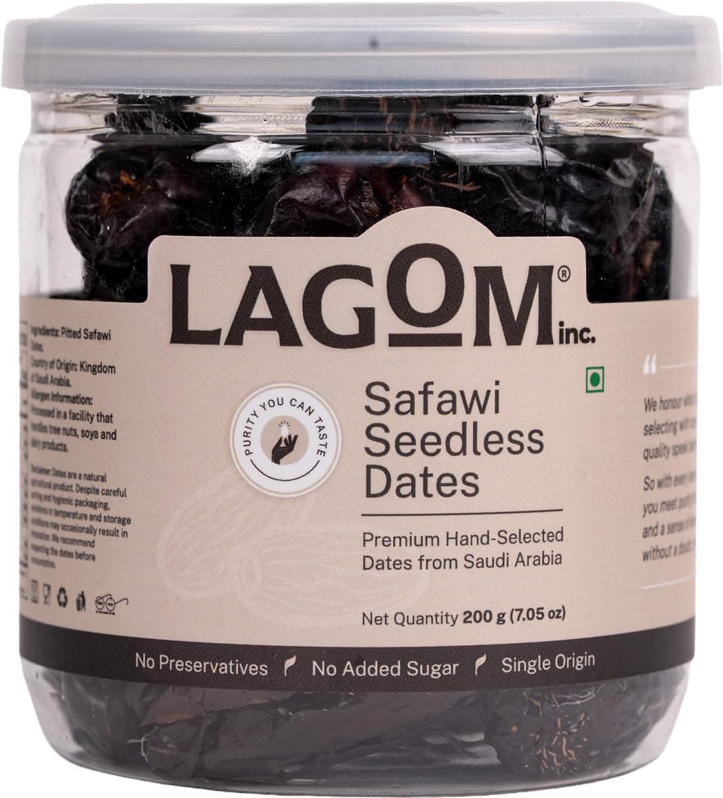 Lagom Safawi Seedless Dates 200g | Premium Pitted Saudi Khajoor | Soft, Rich & Naturally Sweet | No Added Sugar, No Preservatives | Vegan, Gluten Free, Non-GMO