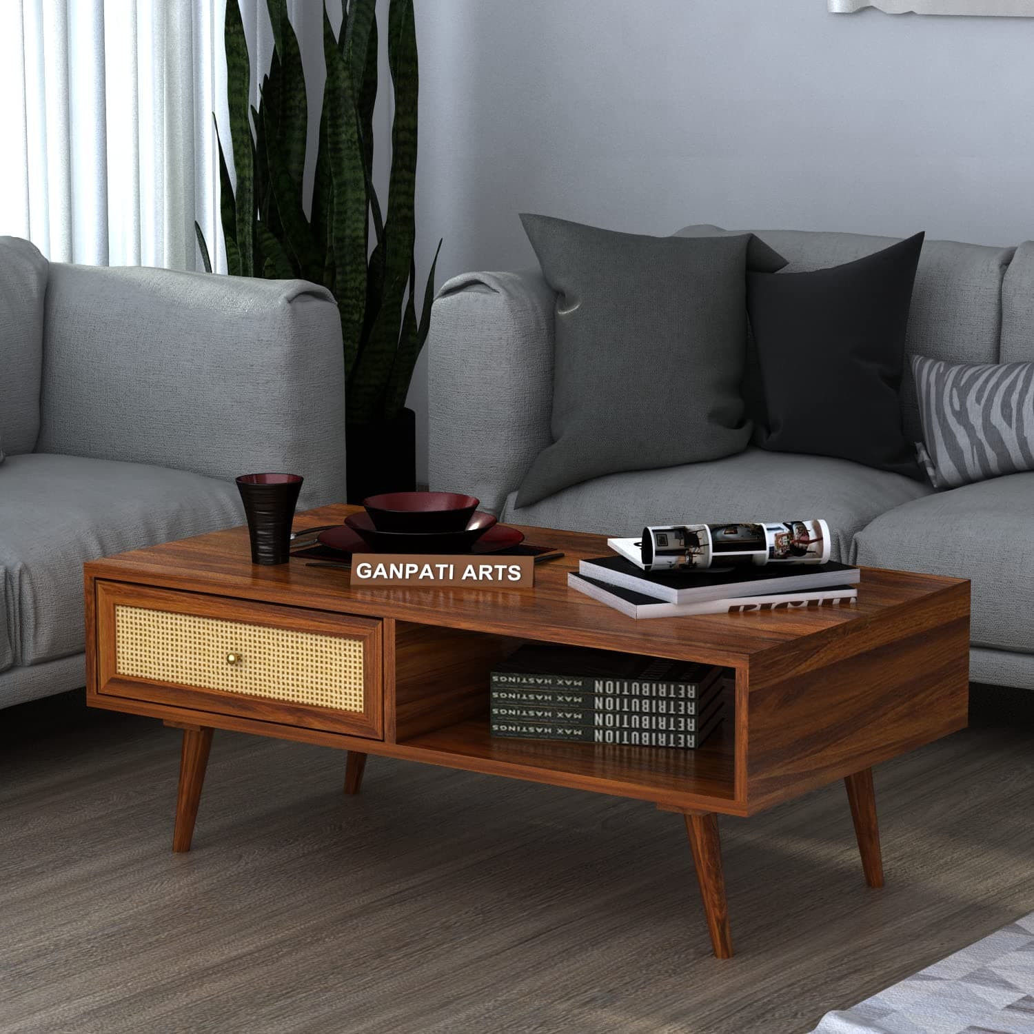 Ganpati Arts Solid Sheesham Wood Centre Coffee Table with Drawer and Shelf Storage for Living Room Wooden Teapoy for Home (Natural Finish) 1 Year Warranty