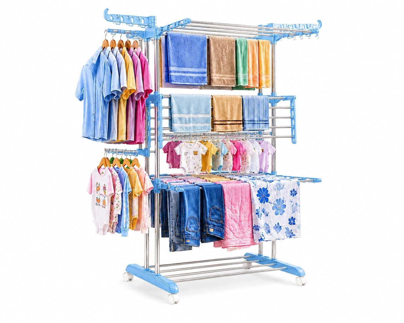 KITCHIVO™ Premium Clothes Stand for Drying with Wheels | Portable | 3 Layer Rack for Balcony | Foldable Wings | 24 Hanger Rods | Anti Rust Steel Metal (Blue)