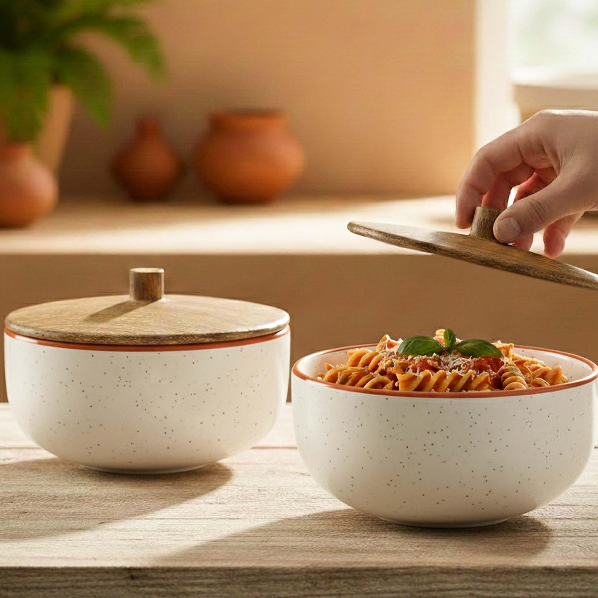 The Earth Store White Marble Ceramic Bowl Set of 2 – 500ML Each with Nob Wooden Lid | Mixing Bowls for Snacks, Rice, Dal, Fruits, Salad Microwave Safe Bowl with Lid Perfect Gifting & Daily Use