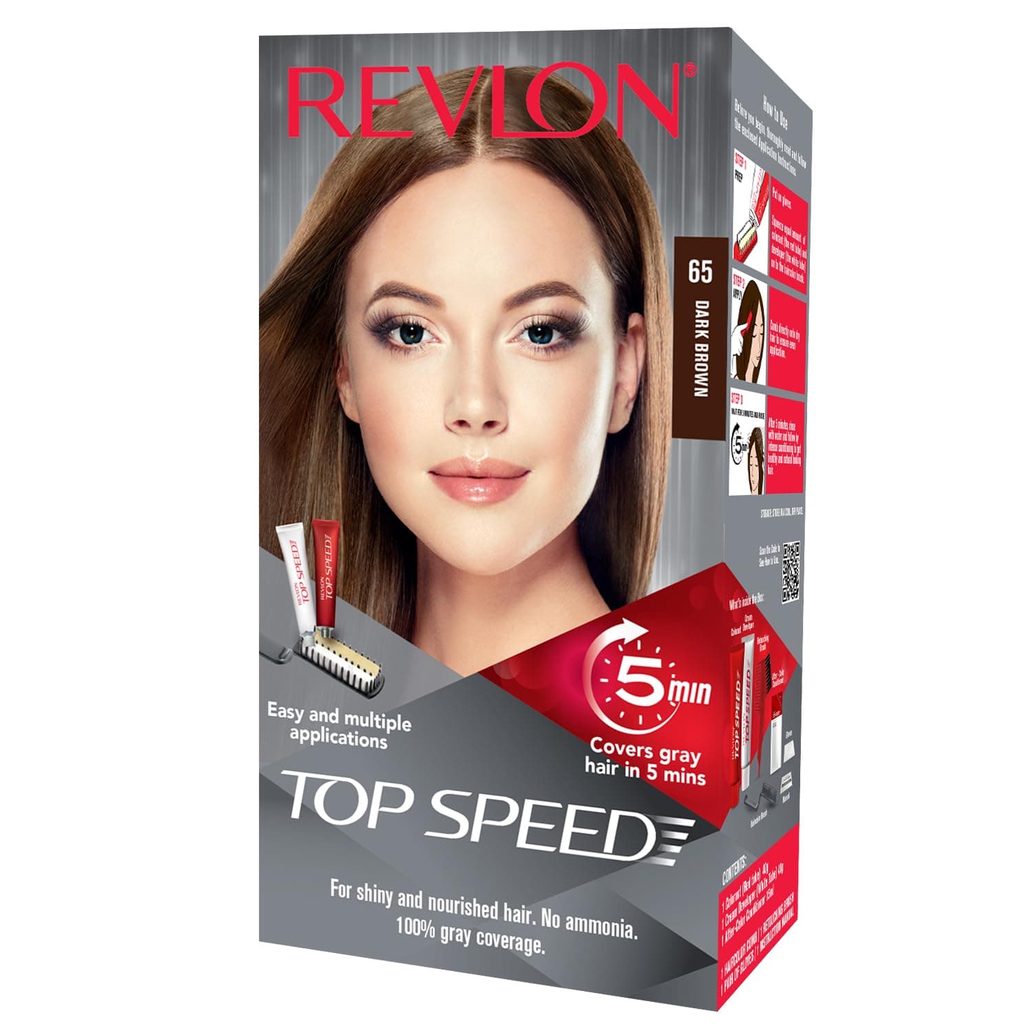 Revlon Top Speed Hair Color for Women Dark Brown | Ginseng Root Extract and Mother of Pearl | 100% Grey Coverage in 5 Minutes | Ammonia Free, Easy Application and Intense Conditioning - Dark Brown 65