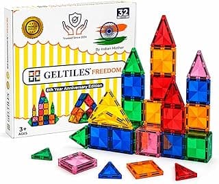 GELTILES® Magnetic Tiles for Kids (32 PCS) | STEM Learning Toy | Strong Magnets | Safe ABS | Creative Educational Building Blocks Toy for Boys & Girls Age 3+ | Made in India (32 Pcs Set)