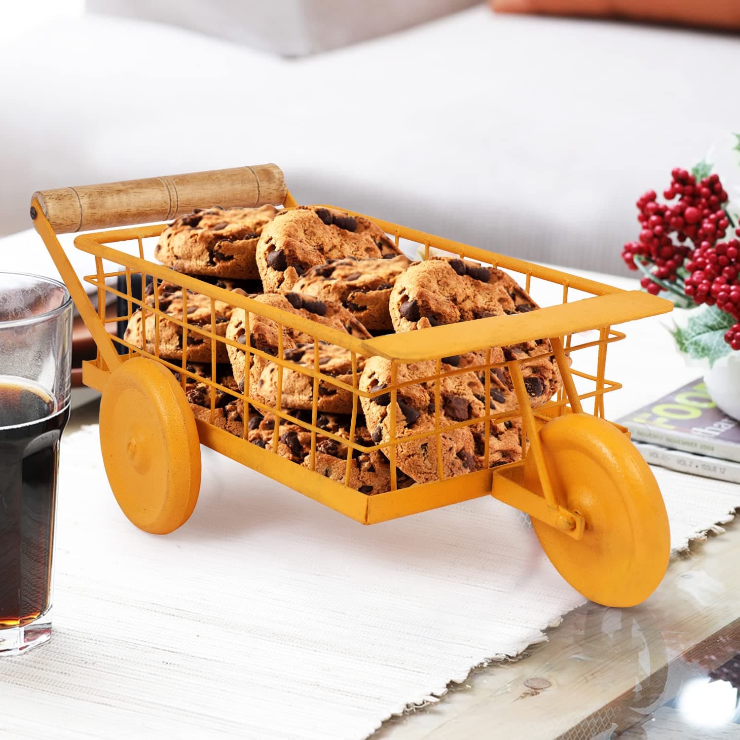 APEROL DESIGN Iron Wagon Snack Platter | Decorative Metal Serving Tray for Kitchen & Dining Table | Unique Trolley Style Food Platter for Biscuits, Popcorn, Pakoras, Fries & Snacks (Yellow)
