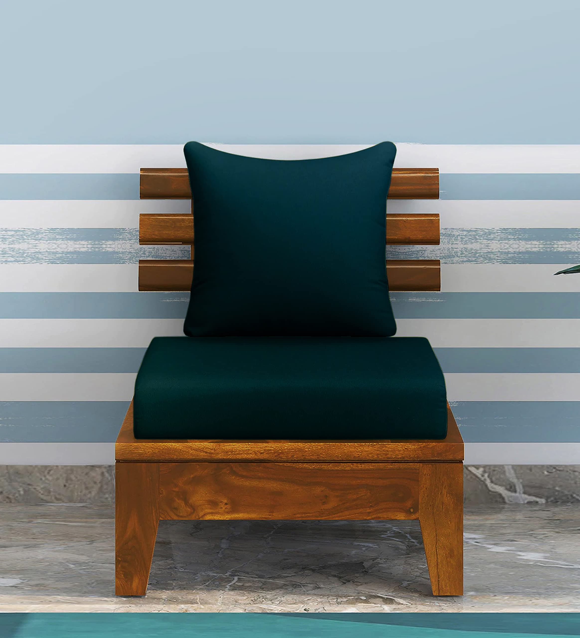 OGNIJA Pallet Wooden Single 1 Seater Sofa for Living Room in Walnut Brown Finish with Turquoise Cushions in Light/Dark Walnut Finish (Modern, Small)