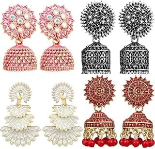 Fashion Frill Multicolor Oxidised Earrings Jhumka Set For Women Girls Stylish Traditional Pearl Small Jhumki Earings Pair Combo Of 4