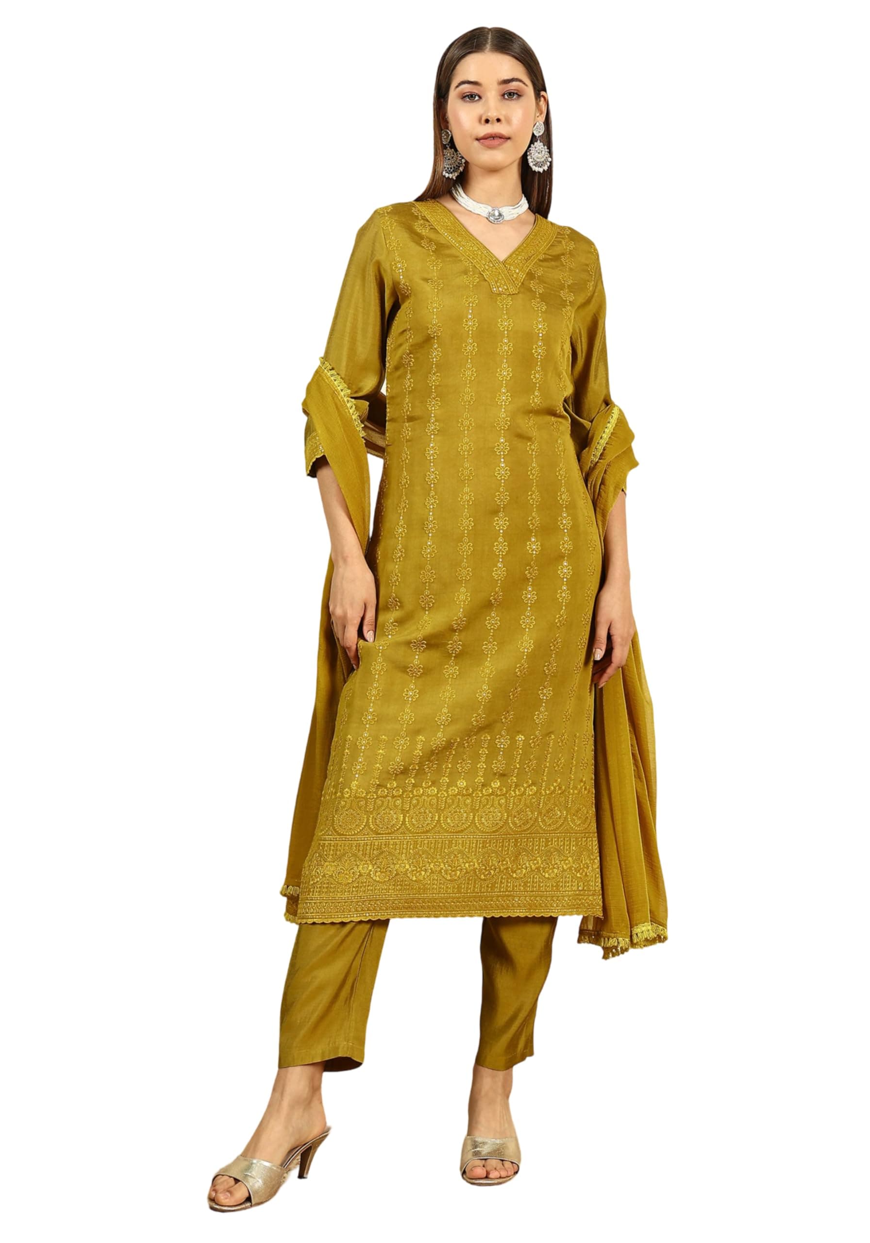 SHOPPING QUEEN Women's Silk Blend Chikankari Embroidery Kurta Set with Dupatta