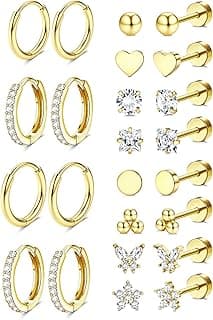 Shining Diva Fashion 12 Pairs Anti Tarnish Earrings Combo Set | 14K Gold Plated | Hypoallergenic Stainless Steel Earring for Sensitive Ears | Flat Back Stud Hoop Cartilage Earring for Multiple Piercing