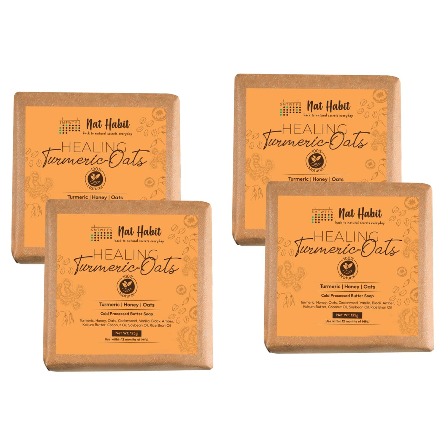 Nat Habit Healing Turmeric-Oats Bath Soap With Ayurvedic Cold Processed For Scar Reduction, Gentle Exfoliation, Tan Removal & Cleansing (125g x 4)