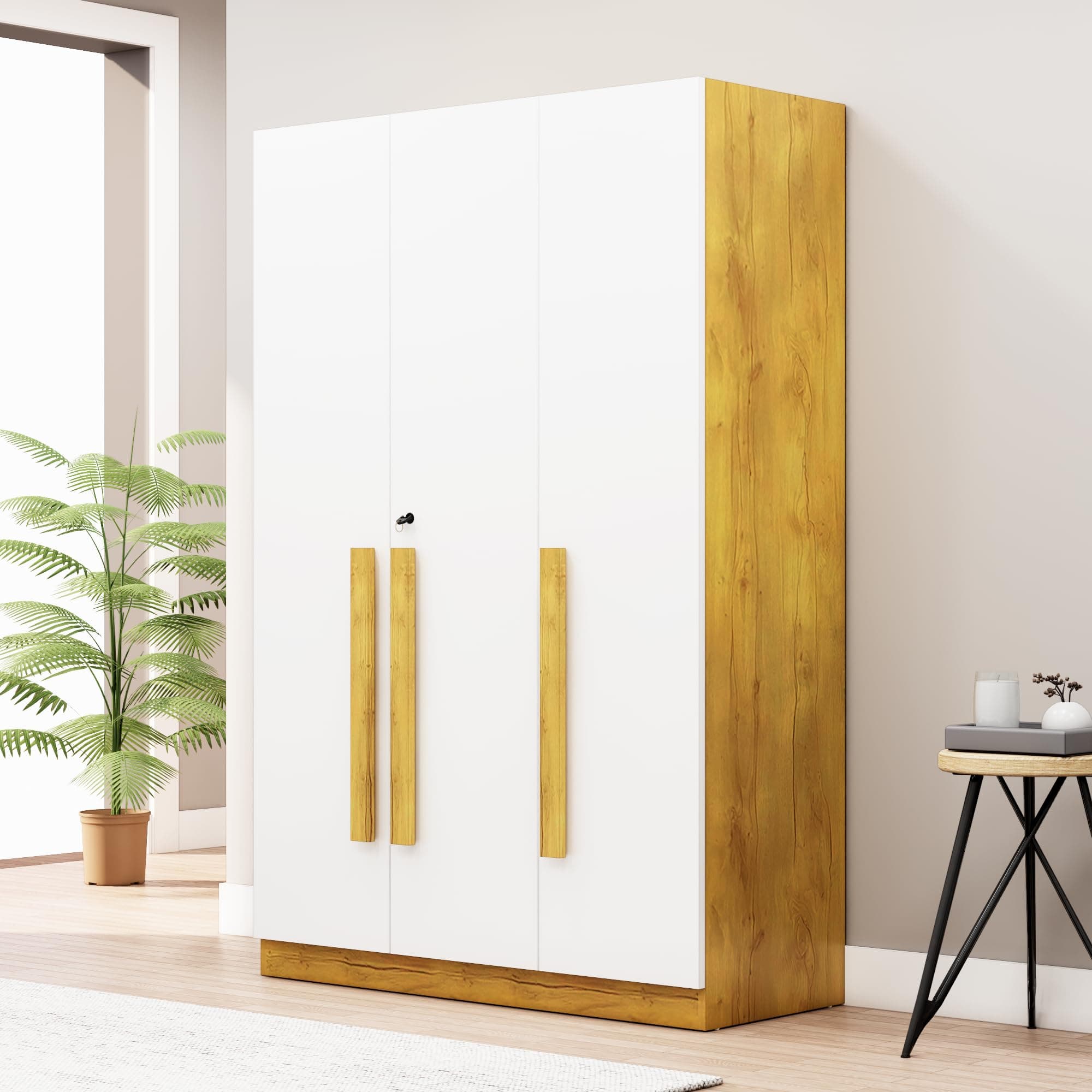 Bniture 3 Door Wardrobe for Bedroom with Lockable Door & Hanging Space | Almirah for Clothes with Elevated Bottom Base | Wardrobe for Storage | 3 Years Warranty (Giant Wood & Frosty White, 3 Door)