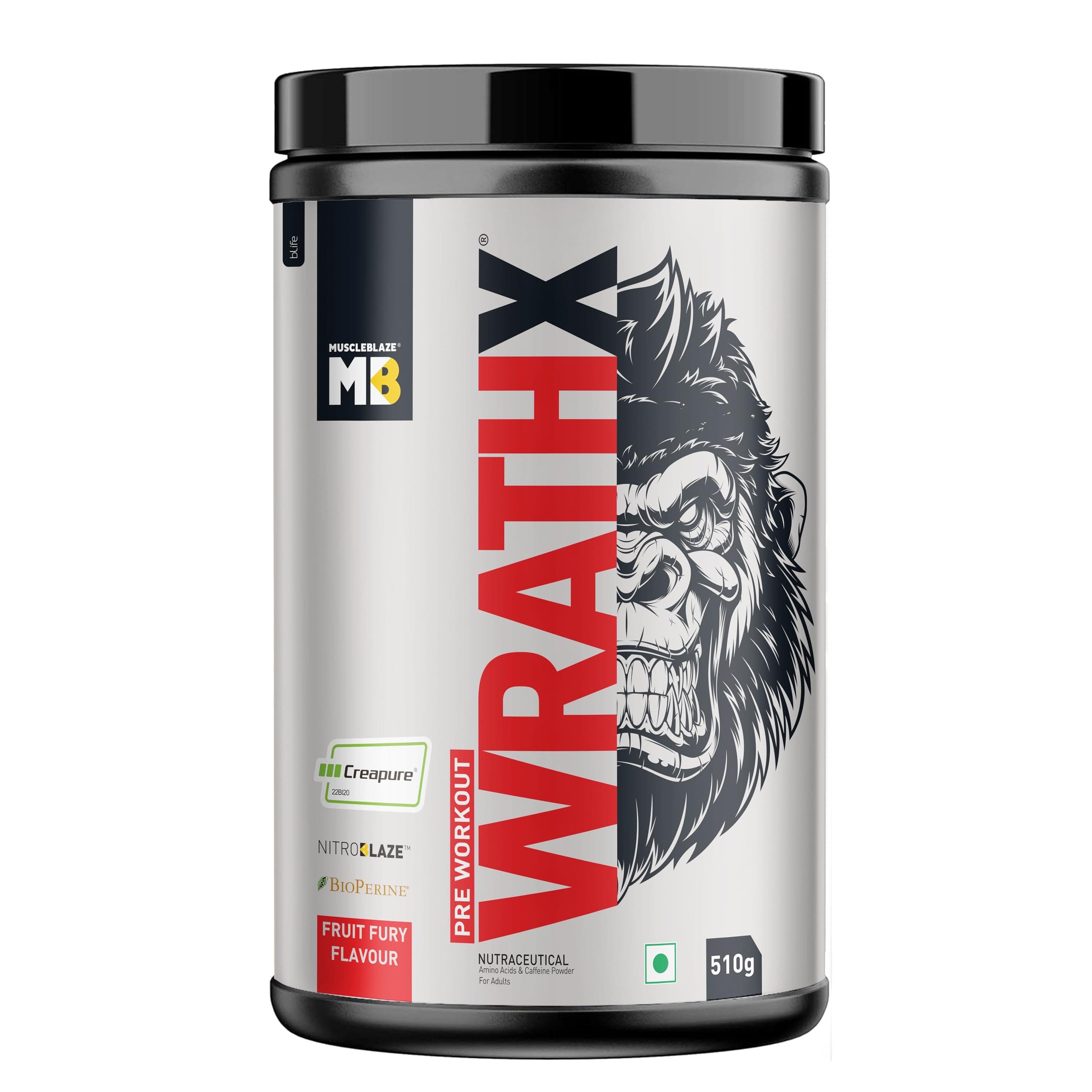 MuscleBlaze Pre Workout WrathX with Creapure Powder, Nitroblaze & BioPerine (Fruit Fury, 510g, 30 Servings)