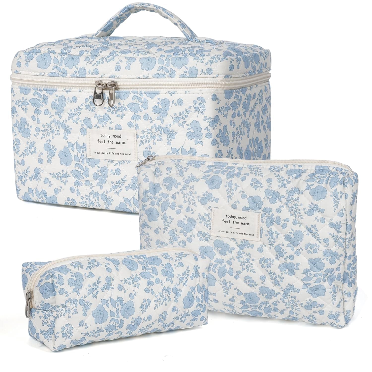 Sprqcart Makeup Bag Set for Women Cotton Quilted Cosmetic Pouch with Zipper- Large Floral Toiletry Organizer Travel Kit for Skincare Hair Accessories | Pack of 3, Blue & White
