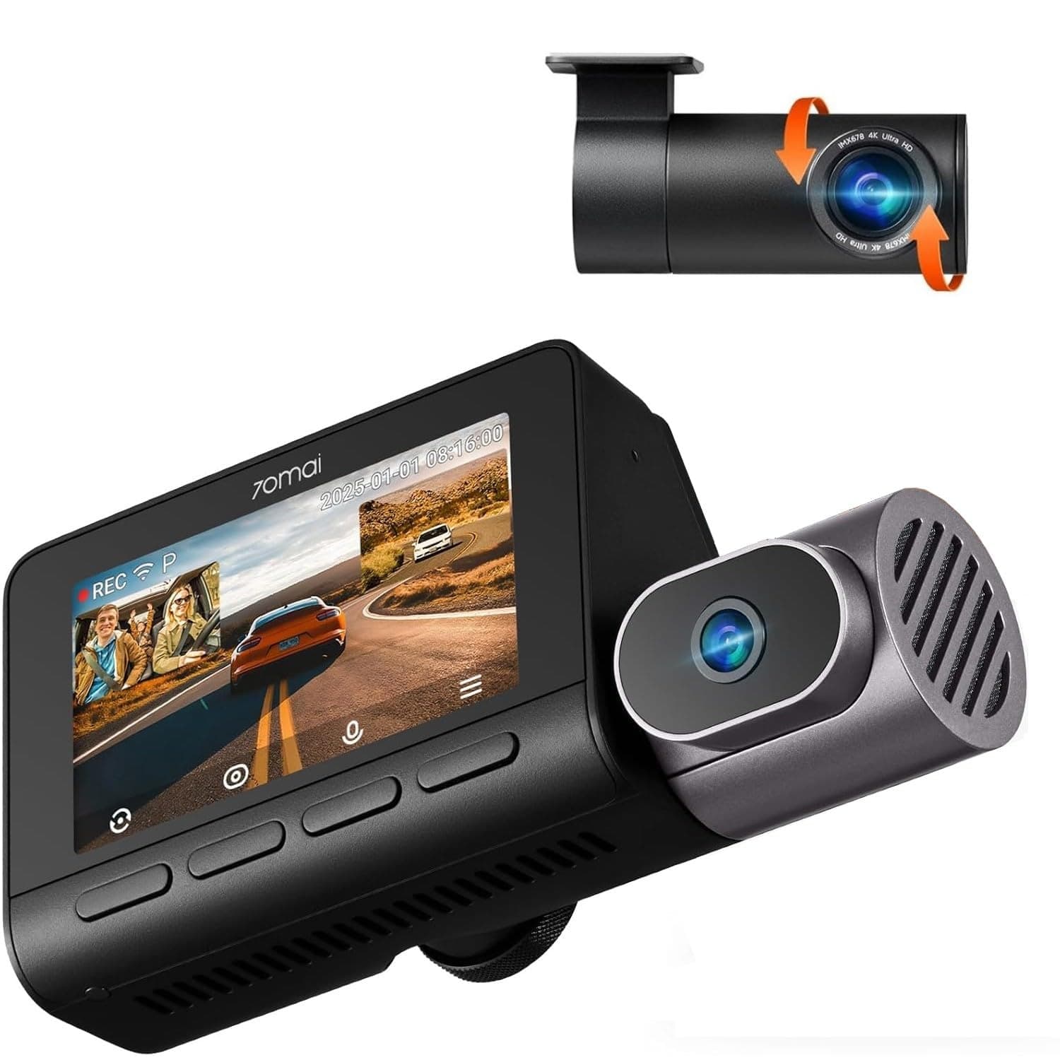 70mai 4K T800 3 Channel Dash Cam, Dash Cam Front and Rear Inside(2160P+2160P+1080P), STARVIS 2 IMX678, HDR Night Vision, WiFi 6, ADAS, Super-Capacitor, 24H Parking Mode, Upto 512GB Supported