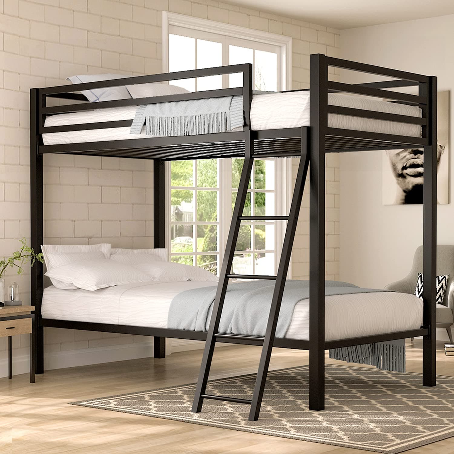 IMUsee Bunk Bed Twin Over Twin Size With Painted Ladder, Metal Bunk Beds With Safety Guardrail, Space-Saving/No Box Spring Needed/Noise Free/Black