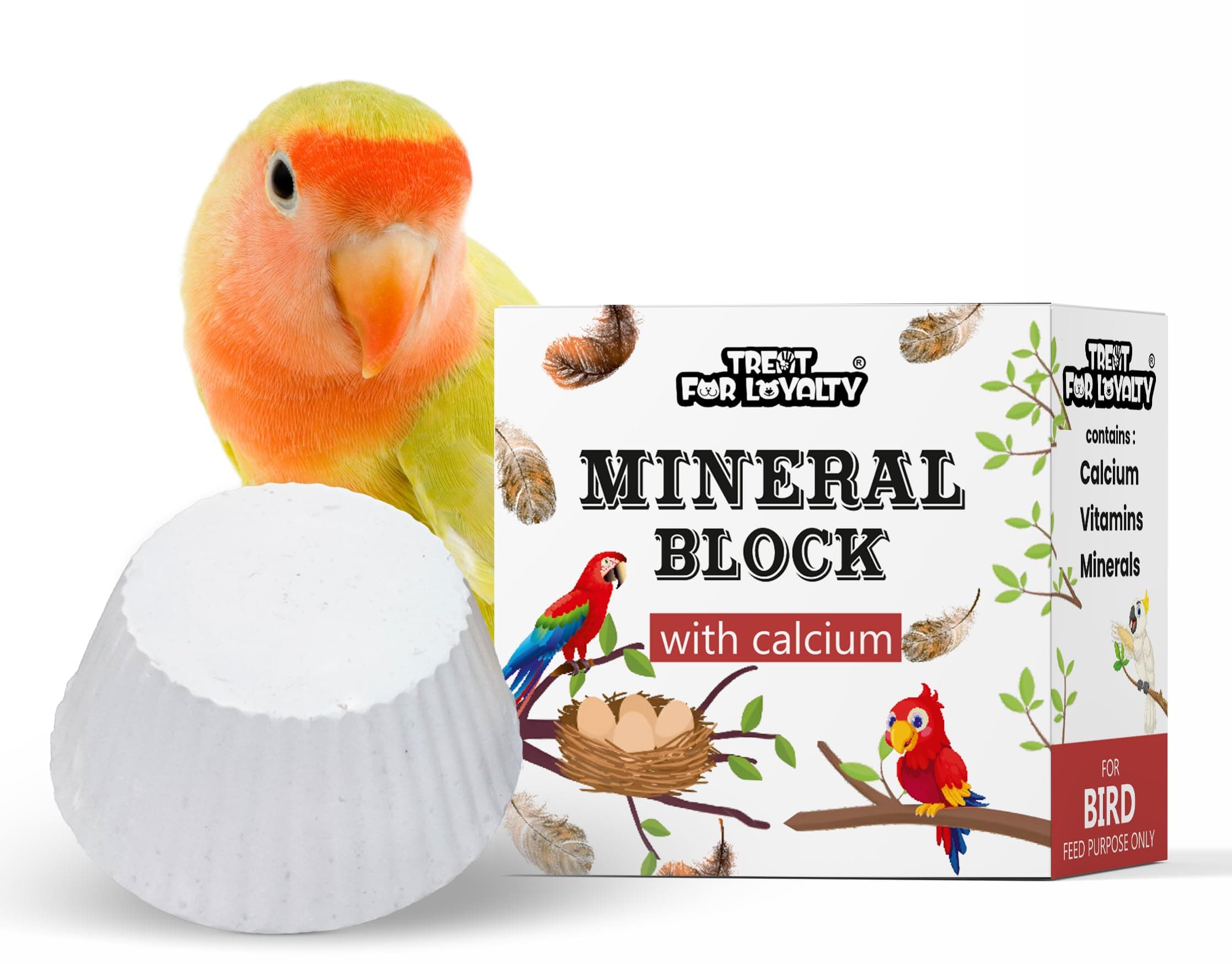 TREAT FOR LOYALTY Natural Calcium Block with Minerals for Birds | High Calcium Bird Supplement | Ideal for Finch, Budgies, Lovebirds, Parrots & More | Easy to Digest & Boosts Energy - 60g (Set of 4)