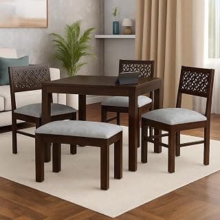 Sheesham Wood CNC Cuting Dining Table with 3 Chairs with 1 Bench | 4 Seater Dining Set |1Year Warranty | Finish Color :- Walnut Finish with Grey Cushions -DIY(Do-It-Yourself)