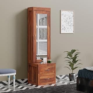 Krishna Wood Decor Solid Sheesham Wood Dressing Table with Mirror & Storage | Wooden Vanity Table with 5 Shelves & 2 Drawers | Space Saving Dressing/Makeup Desk for Bedroom | Natural Finish
