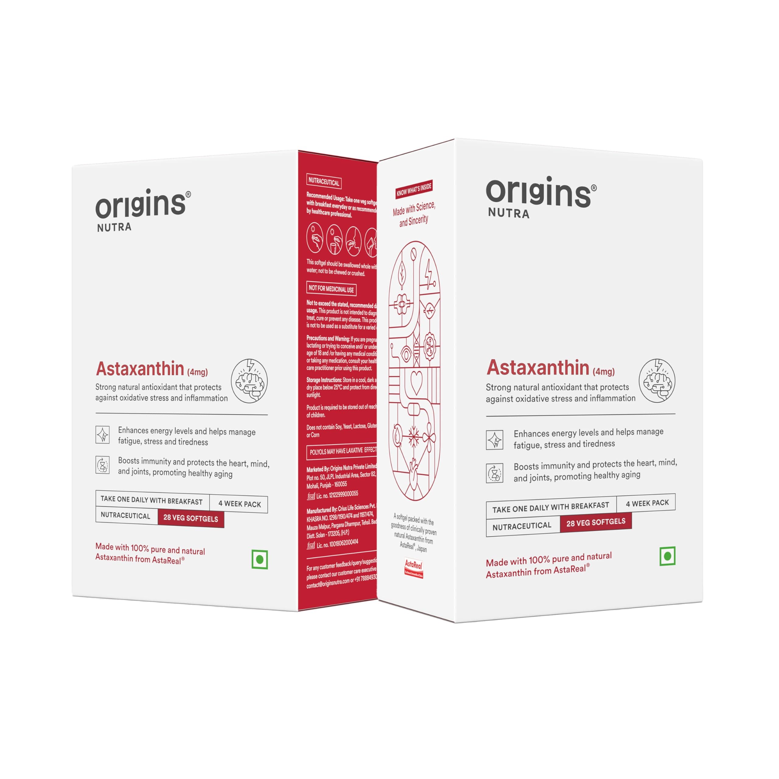 Origins Nutra Astareal® Natural Astaxanthin 4 mg from Japan | Antioxidant for Energy, Immunity & Muscle Recovery | 28 veg. Softgels | GMP Certified | Pack of 2