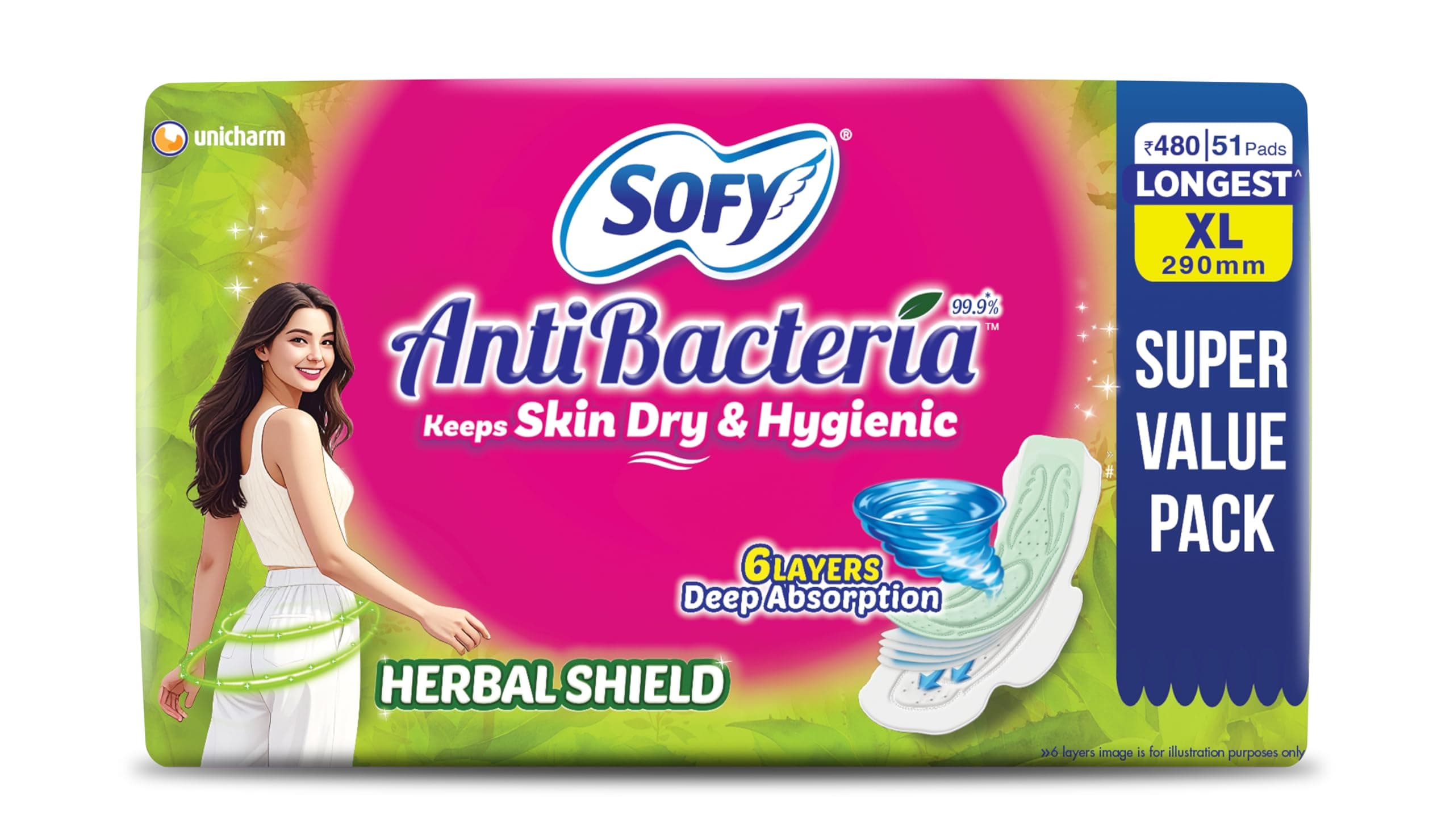 Sofy AntiBacteria XL - 290mm | 51 Count pads | For Women Sanitary Pads | Keep Skin Dry | 6 Layer Deep Absorption | Herbal Shield | Hygiene & Herbs | X-Large