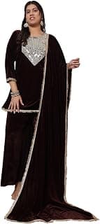 DEEBACO Women's Solid Velvet Ankle Length Patch Kurti with Sharara & Dupatta Co Ord Set for Women Fashion Stylish|Long Dresses for Woman Western|Three Piece|Casual Wear(3XL,4XL,5XL,6XL-Brown)