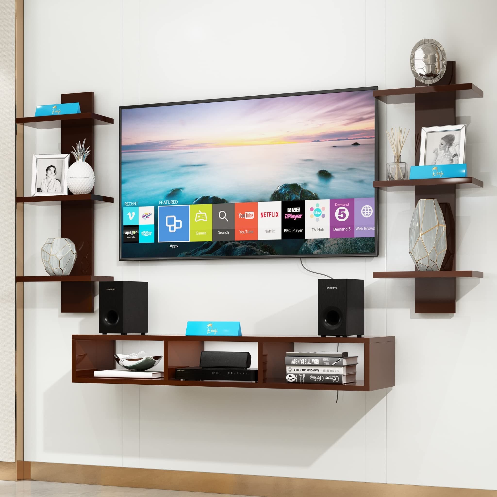 Raafi Wooden Wall Mounted TV Unit, Cabinet, with TV Stand Unit Wall Shelf for Living Room (81 CM Brown)