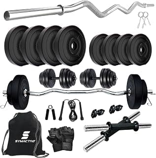Amazon Brand - Symactive 20 KG PVC Home Gym Set with Accessories & Gym Bag (20 Kg Weight, 3 Ft Curl Rod, 14'' Dumbbell Rods Pair, Skipping Rope, Gloves, Gripper, 2 Locks/Clippers, Bag)