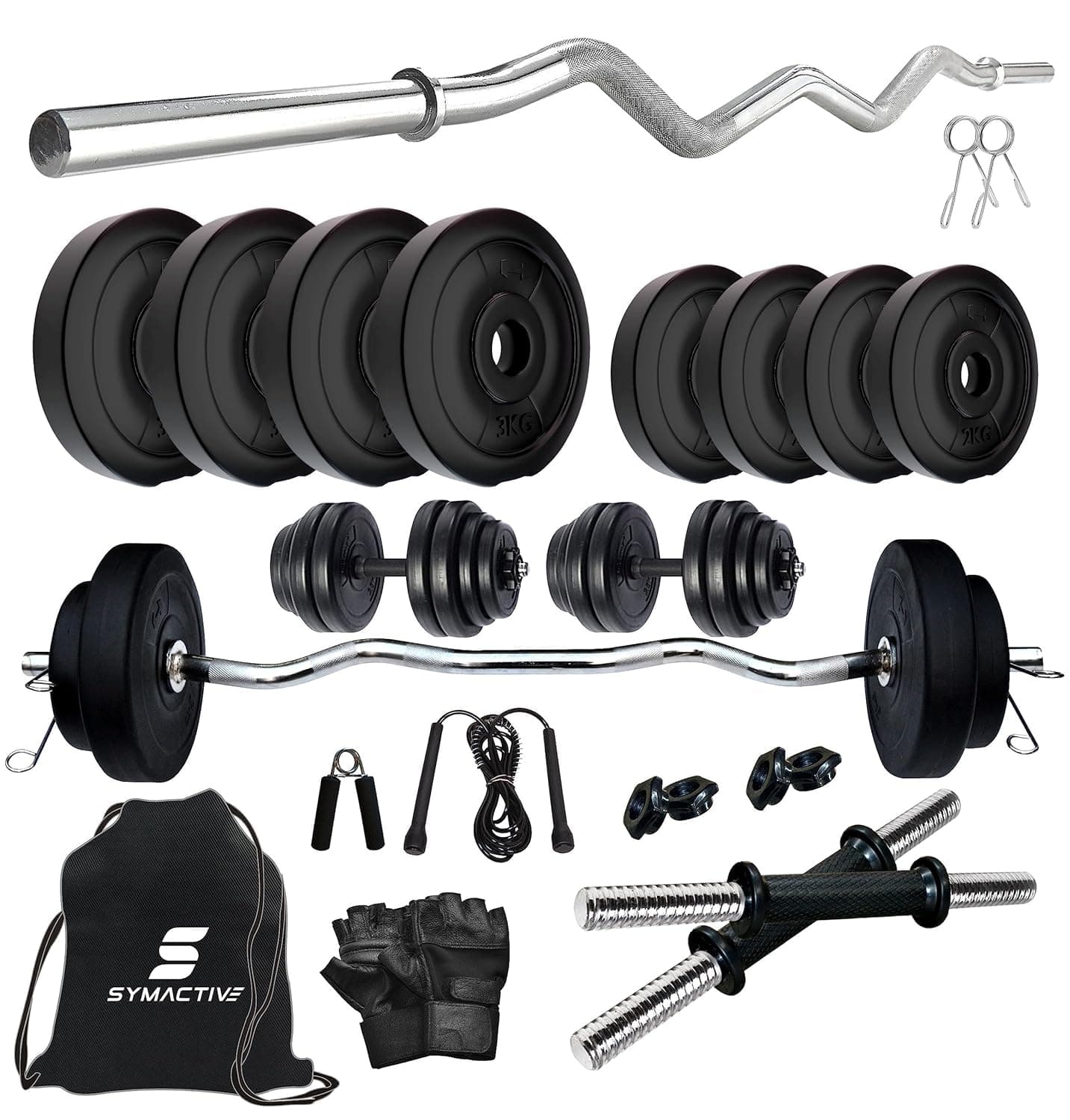 Amazon Brand - Symactive 20 KG PVC Home Gym Set with Accessories & Gym Bag (20 Kg Weight, 3 Ft Curl Rod, 14'' Dumbbell Rods Pair, Skipping Rope, Gloves, Gripper, 2 Locks/Clippers, Bag)