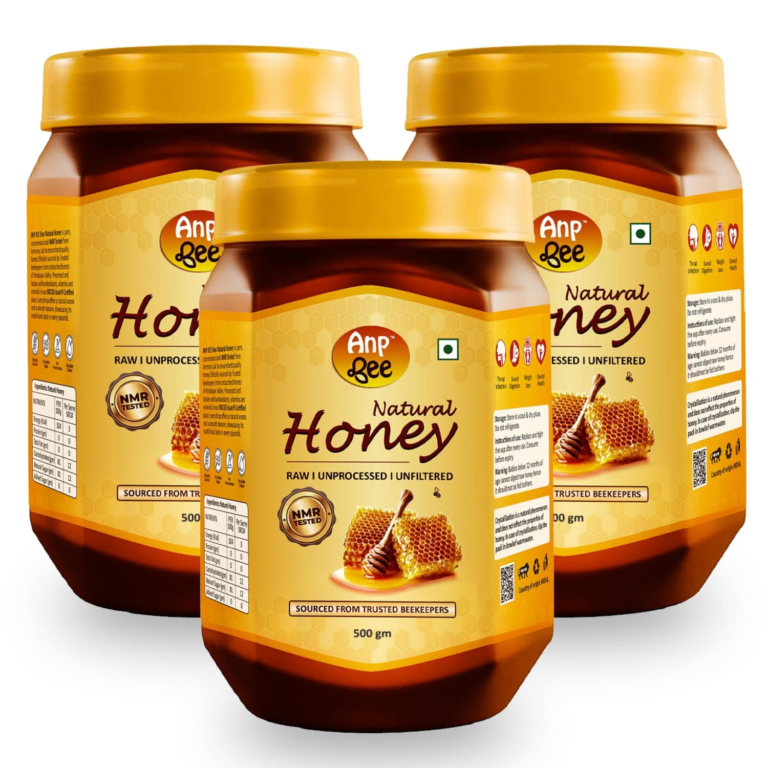 ANP BEE Raw Natural Honey 500gm I Pure NMR Tested Unprocessed & Unfiltered Original Multiflora Honey I Supports Weight Loss, Good for Heart Health I Plastic Bottle (Pack of 3, Honey 500gm)