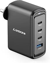 Ambrane 100W GaN Charger: Fast Charging Adapter with 4 Ports (3 USB-C + 1 USB-A), PD Support, iPhone 0–50% in Minutes, Compatible with All iPhones, Android Phones, Laptops & MacBooks (charge100 Black)
