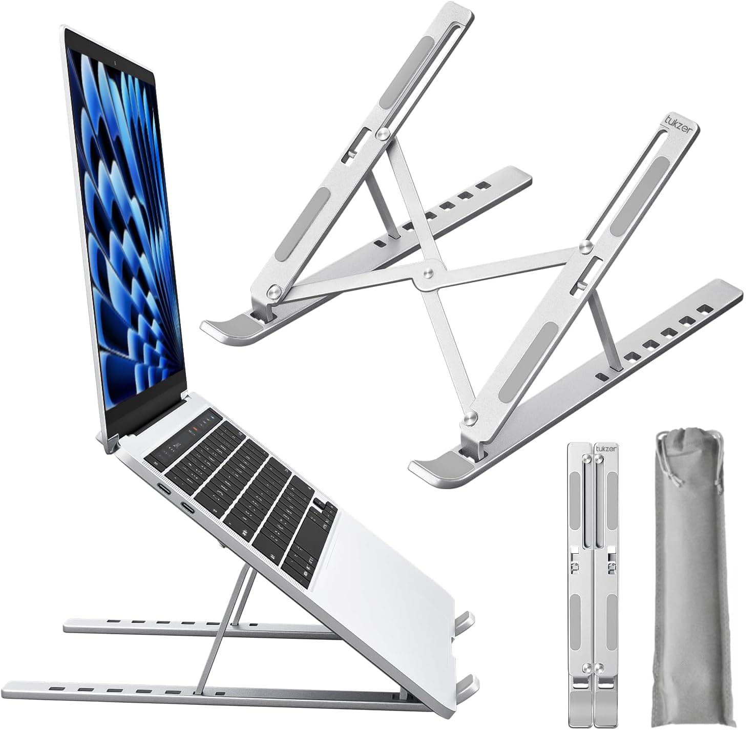 Tukzer Foldable Laptop Stand Riser for Laptop, MacBook, Notebook & Tablets up to 17 Inch, 7 Level Height Angle Adjustment, 2X Stronger M-Shape Aluminum Silicone Pads Air Ventilation (Silver)