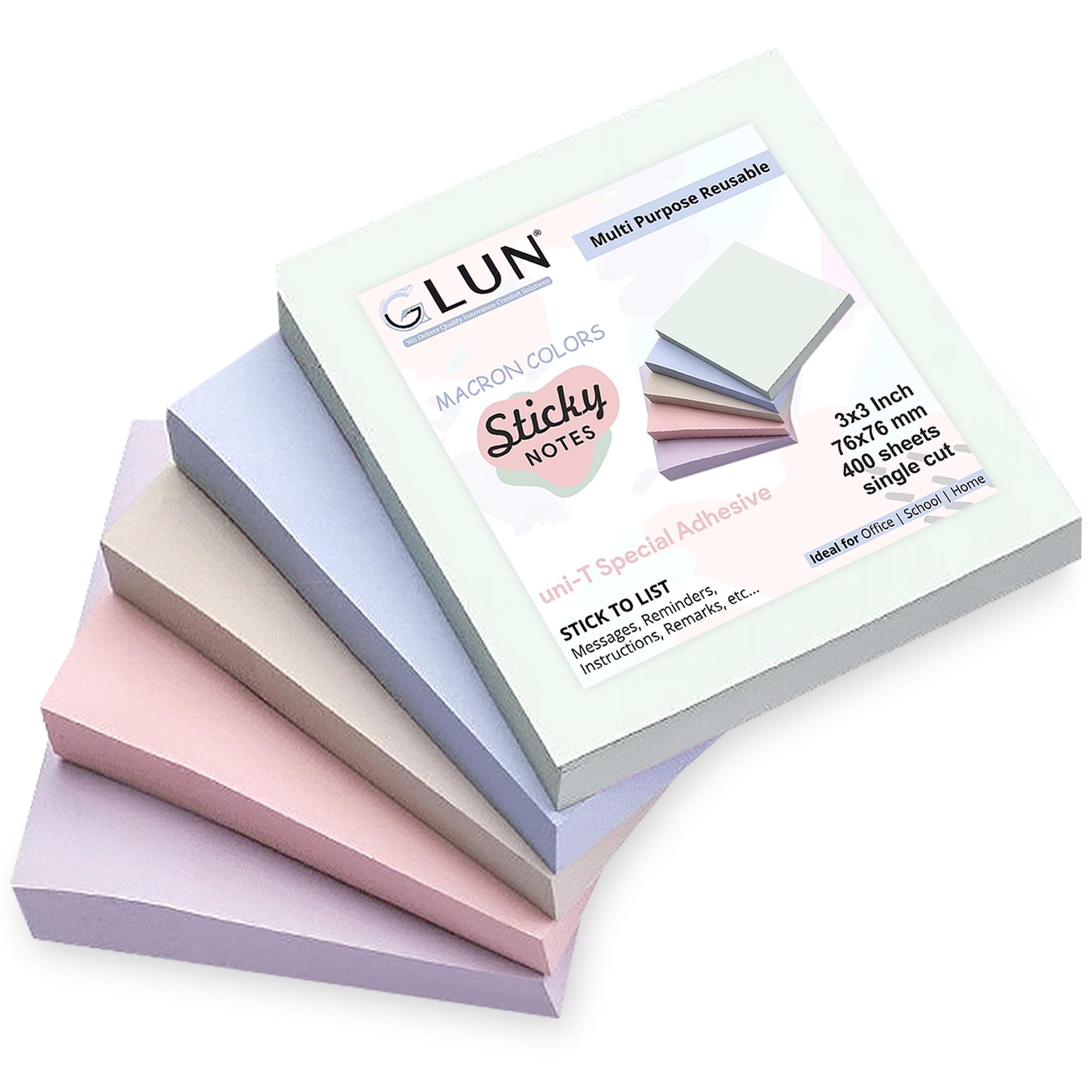 GLUN® Macaron Sticky Notes 400 Sheets Strong Adhesive, Self-Stick, Vibrant Colors, Multi-Color, Ideal for Notes, Organization, and Reminders.