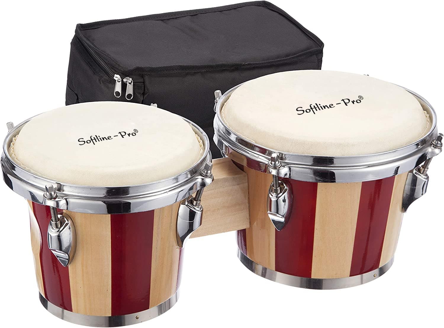 Softline Pro Bongo Drum Set with Tuning Wrench & Padded Professional Wooden Percussion Instrument for Beginner Adults Kids - Natural Skin (Red Stripe - Premium)