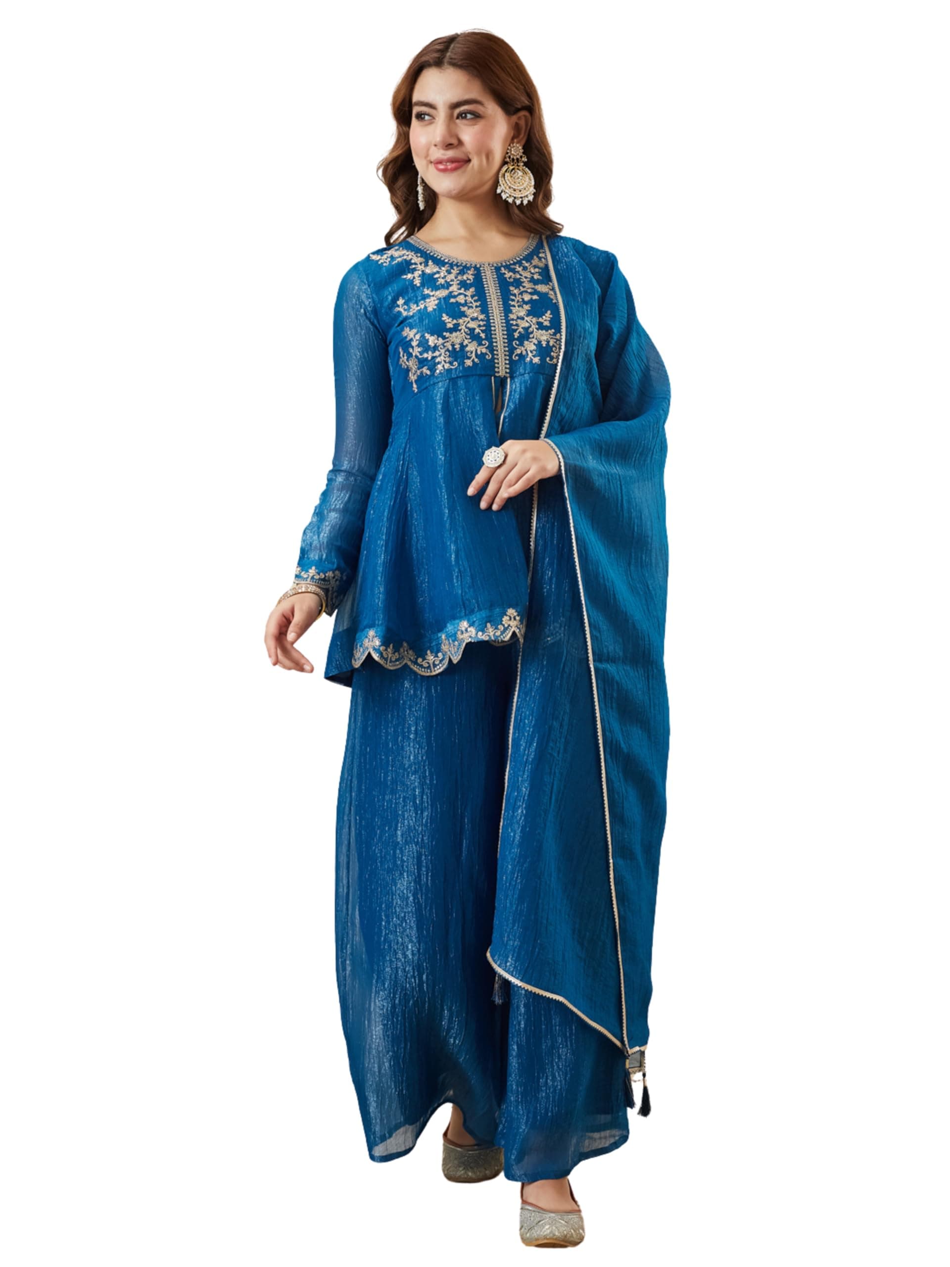 MOKOSH Women's Silk Floral Yoke Embroidered Peplum Style Kurta Sharara Set with Dupatta Full Sleeves Ethnic Suit
