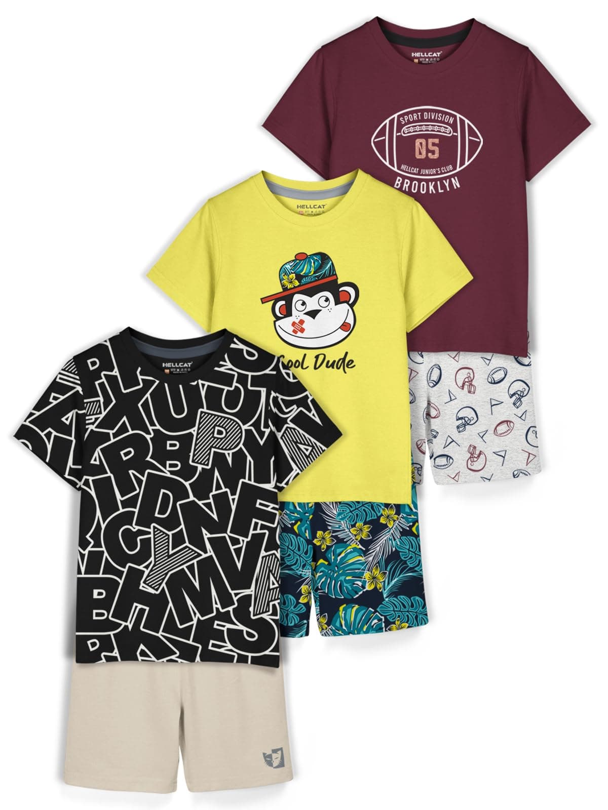 HELLCAT Boys Dress Clothing Set Combo with Tshirts & Shorts - Pack 1