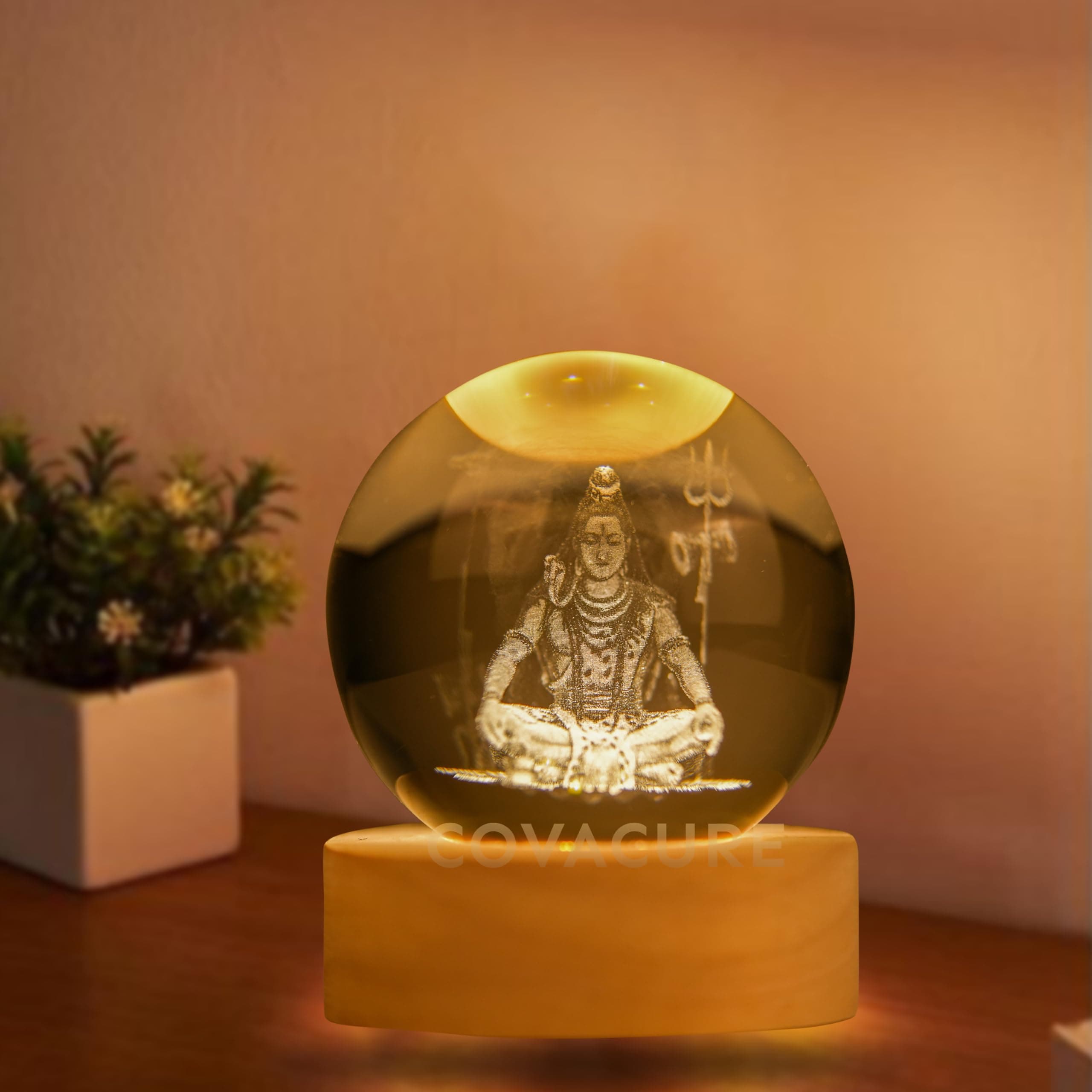 COVACURE 3D Shiv Crystal Ball Night Lamp, Crystal Ball Night Light with USB, LED Wooden Base Table Lamp for Bedroom Home Office Decoration Birthday Gift for Boys Girls (Shiv 3D Lamp)