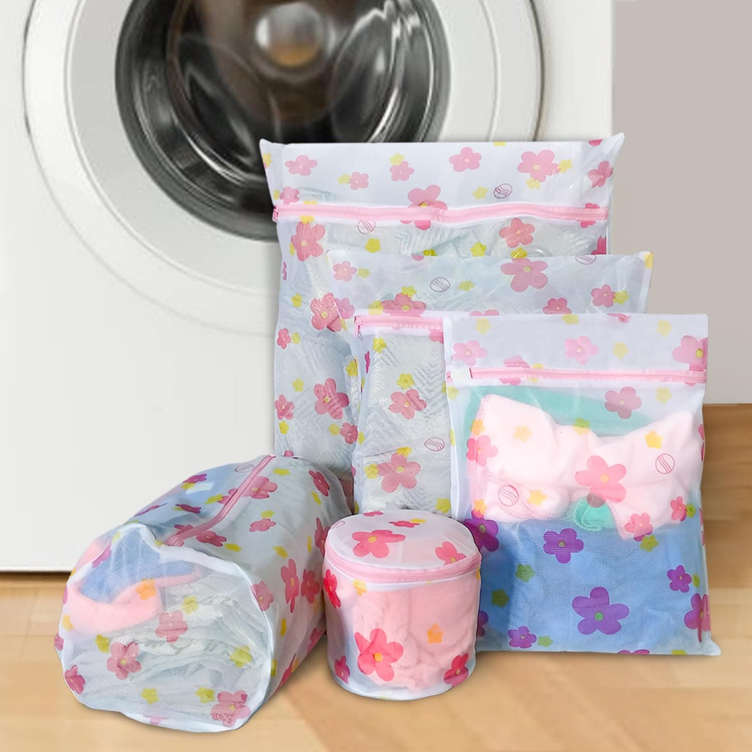 Yellow Weaves Clothes Washing Bags - 5 Sizes Mesh Laundry Bag With Zipper for Delicates, Underwear, Tops, Socks, Pants, Sweaters, Bras and Baby Clothes - Reusable, Pink