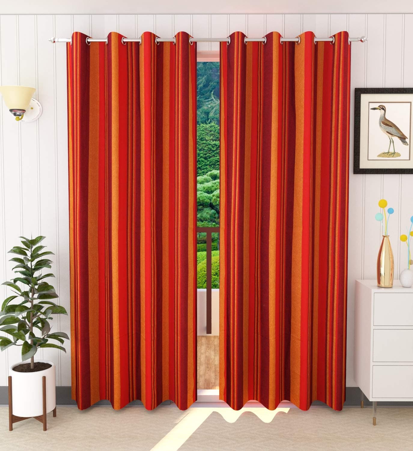 RANGBHAR Cotton Door Curtains | 7 Feet Long Set of 2 | Pure Handloom Light Filtering Fabric | Eyelet Curtains for Living Room & Bedroom | Striped Red