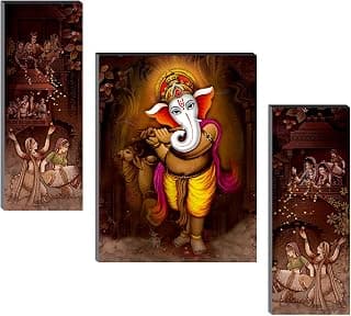 SAF Wood Sanfjm31263 Ganesha Modern Art Uv Textured Self Adhesive Painting (Set Of 3, 18" X 12", Multicolor)
