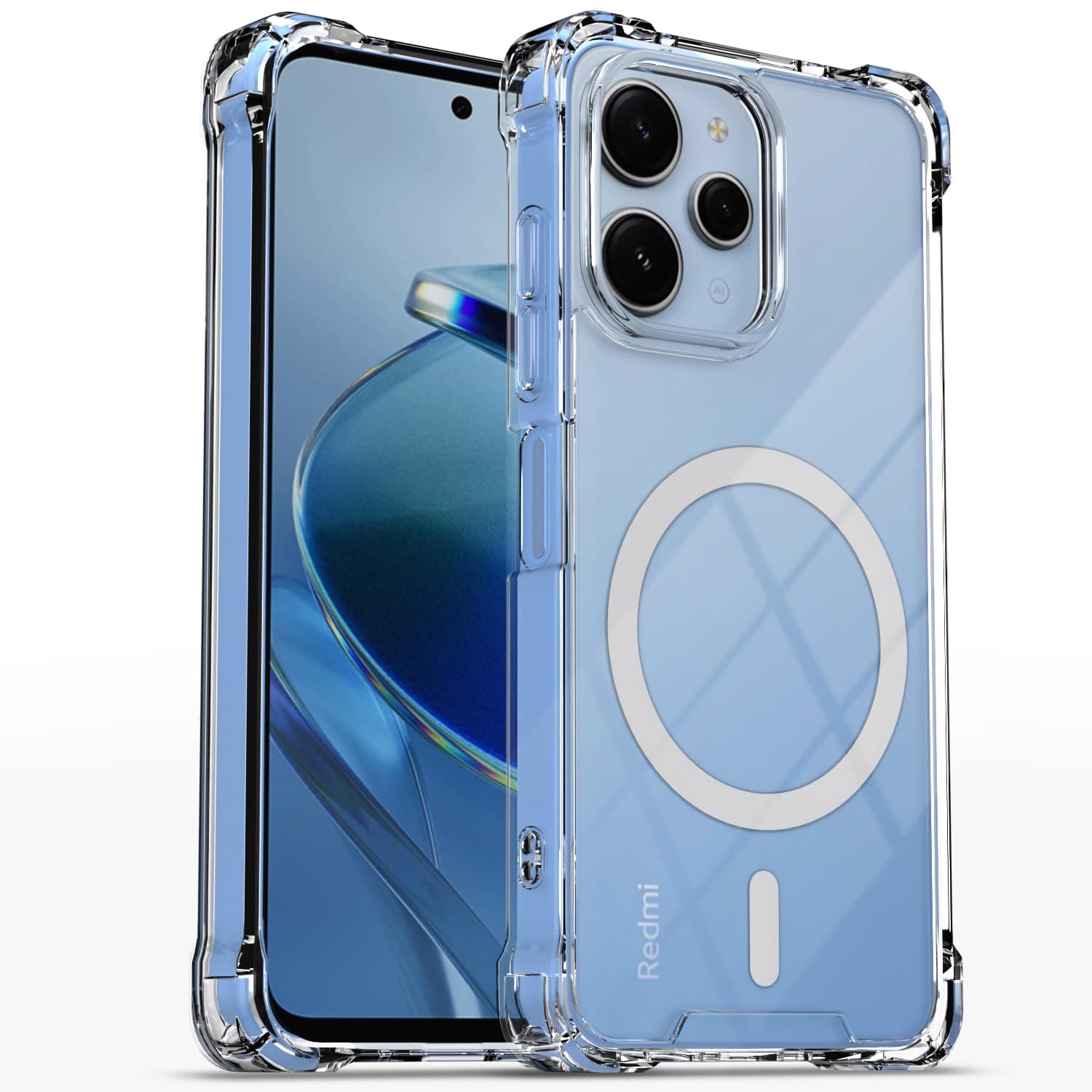 Amazon Basics Back Cover for Redmi 12 5G / Poco M6 Pro 5G Mag-Safe Shockproof PC + TPU Protective Case Magnetic Support Bumper Case (Transparent Mag-Safe)