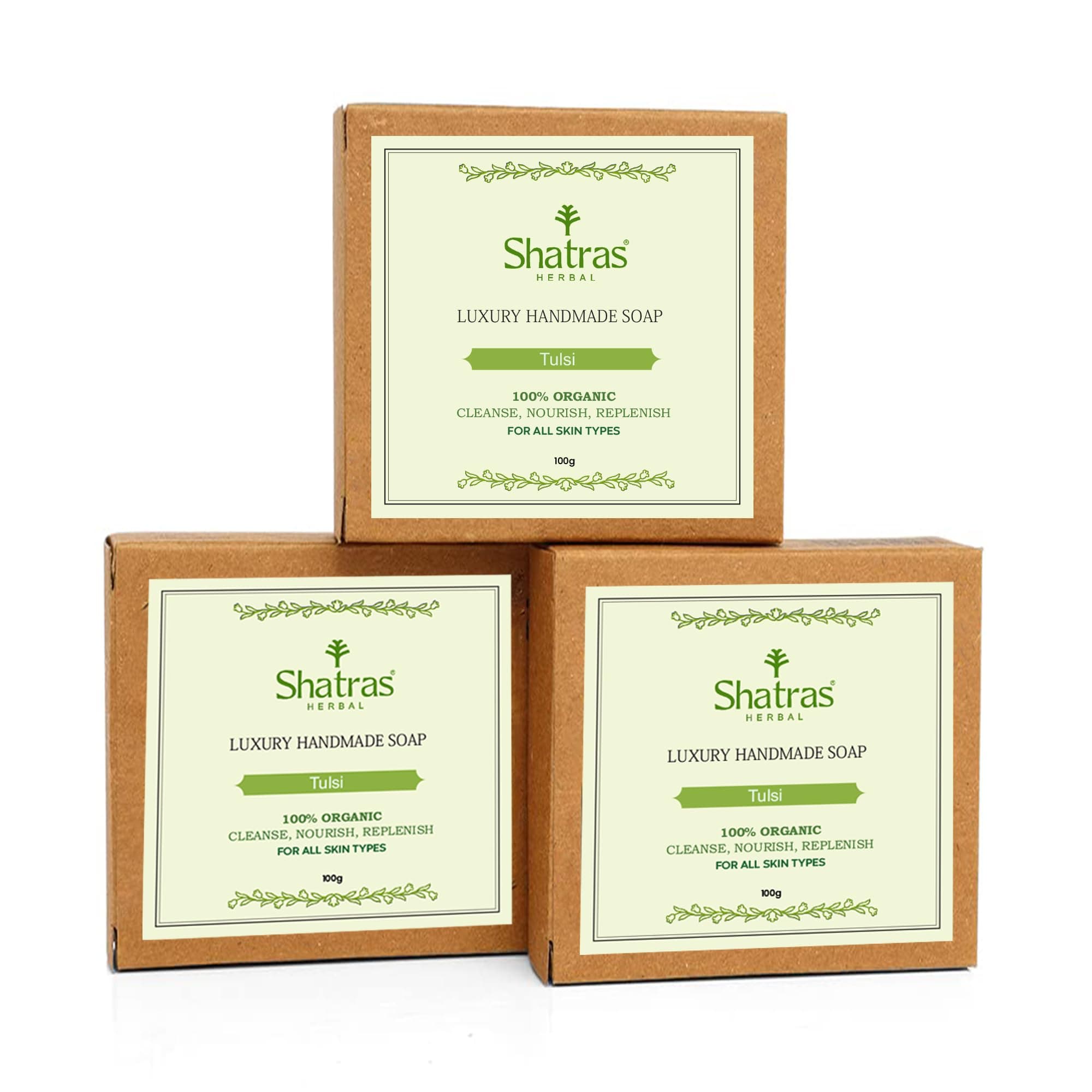 Shatras Ayurvedic Handmade Premium Tulsi Bathing Soap | Herbal Soap for Acne, Anti-Bacterial, Removing Dirt & Impurities | Suitable for All Skin Types-(Pack Of-3)