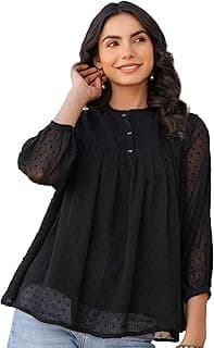 Janasya Women's Dobby Chiffon Solid Empire Top