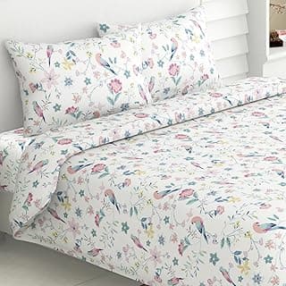 haus & kinder Bedsheet King Size 100% Pure Cotton Floral Bed Sheet with 2 Pillow Covers, 186 TC 108x108 Inches Bedding Set, Soft Breathable Cozy Flat Sheet, Exotic Wings, White