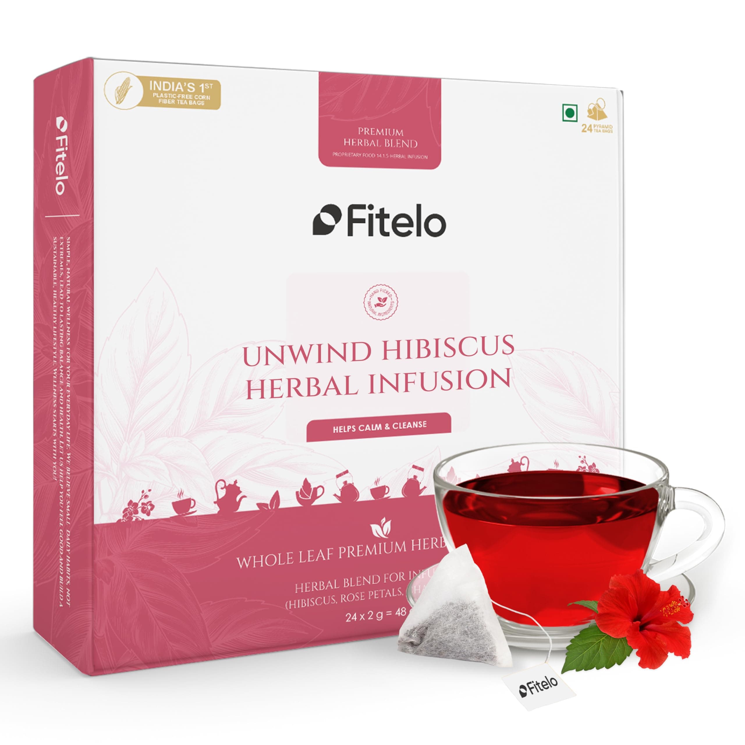 Fitelo Unwind Hibiscus Herbal Tea | Pack of 1 | Promotes Relaxation, Helps Skin Glow | 24 Teabags