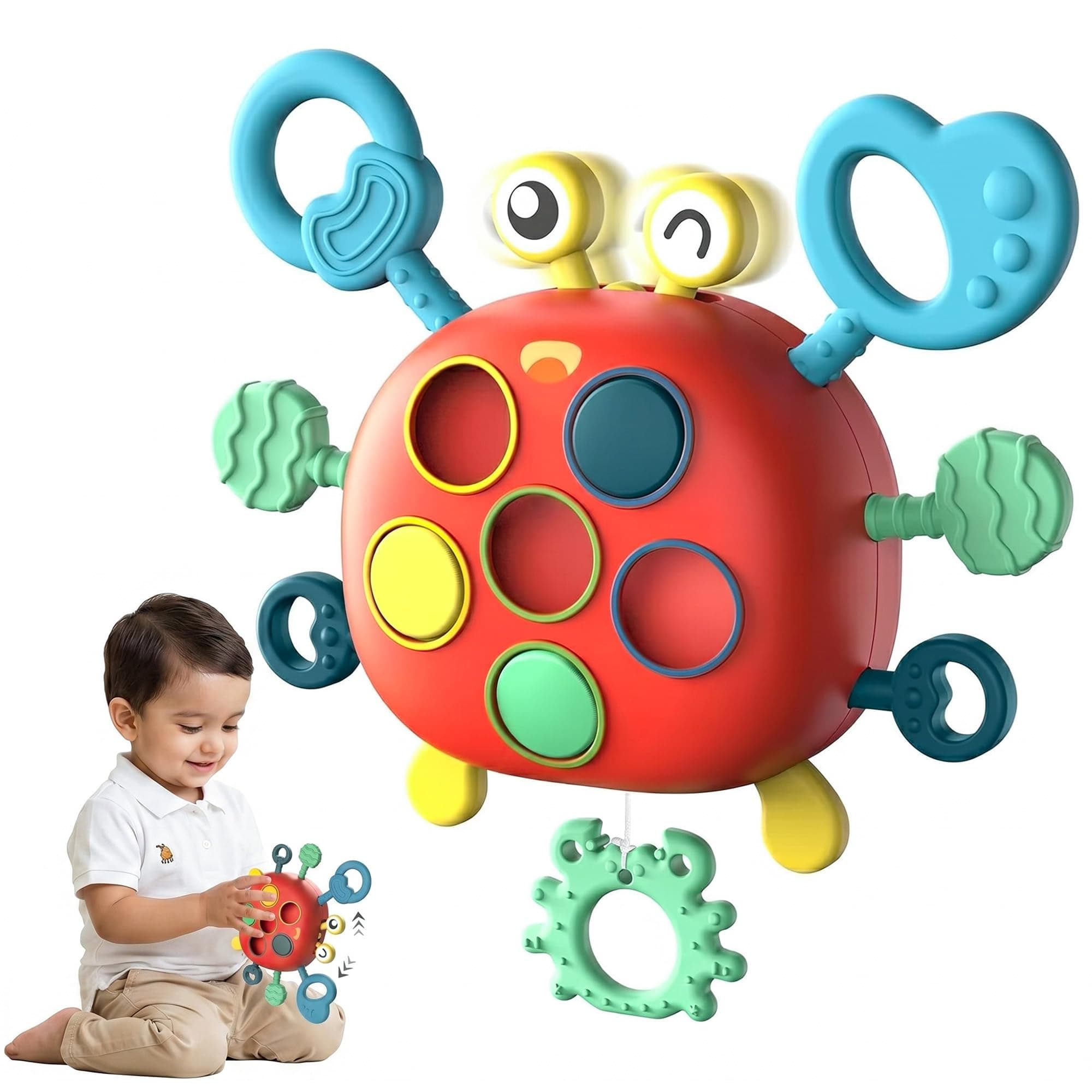 Kidology Baby Montessori Sensory Toys | Silicone Pull String Crab Toy for Toddlers 6-18 Months | Fine Motor Skills & Hand Muscle Development | Travel Learning Activity & Birthday Gift for Boys & Girls