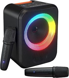 Portronics 30W Dash Wireless Bluetooth Portable Speaker with Dual Wireless Karaoke Mic, Echo Control, 5 Hour Playtime, RGB LED Light, Bluetooth V5.4, Easy Grab Handle, USB in, Type C Charging(Black)