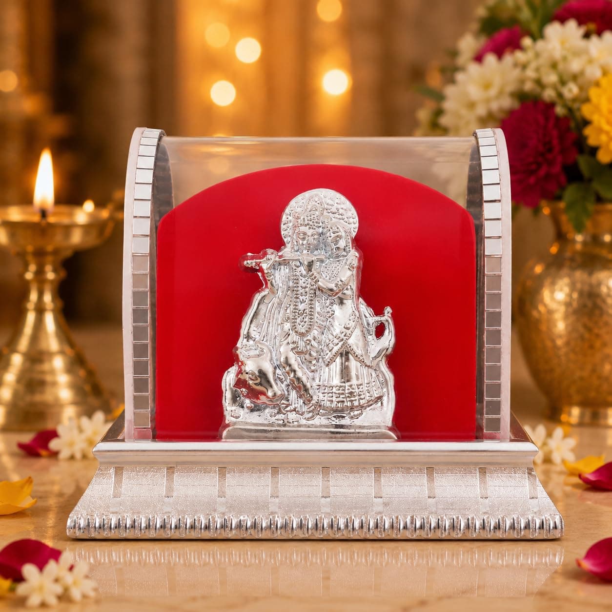 Silver Acrylic Radha Krishna Idol for Home Decor | Radha Krishna Murti for Puja Room, Car Dashboard & Temple Decoration | Hindu Religious Decorative Showpiece (9 x 6 x 7.5 cm)
