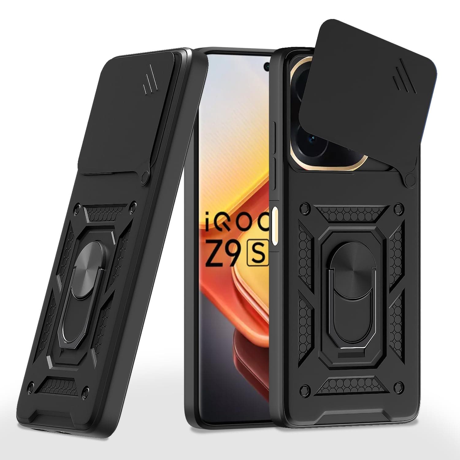 Amazon Basics TPU Back Cover for Vivo T3 Pro 5G / Iqoo Z9S Pro 5G|360 Protection Case|Sliding Camera Sheild Cover & Ring Holder Stand Back Cover|D10 Tough Armor Bumper Case (Black)
